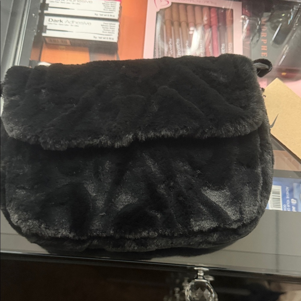 Black Faux Fur NIKE Crossbody Bag - Women's Plush Shoulder Purse